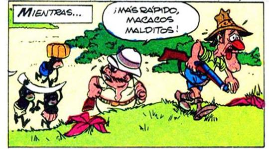 Personajes africanos porteadores siendo agredidos verbalmente. Themo Lobos, 1972. En Mampato en el Congo, p. 50. 