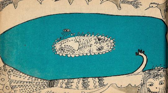 Ilustración de la leyenda “La sirenita de la laguna de Quillón” en Leyendas chilenas. Tatiana Álamos (ilustradora), Jaime Quezada (autor), 1973. Editorial Quimantú, Santiago de Chile.
